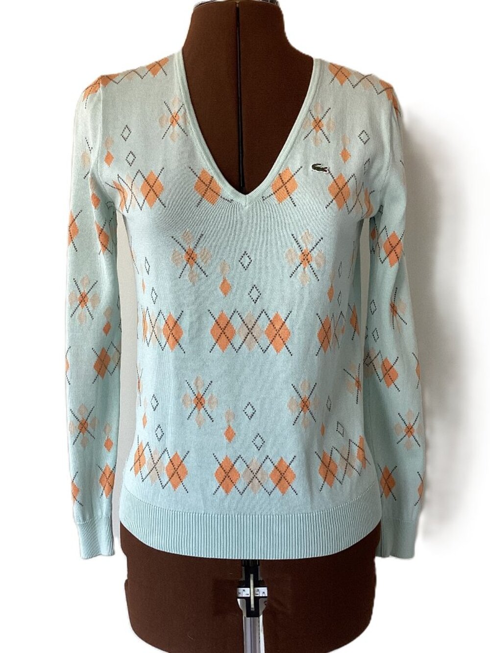 Lacoste Pistachio Cotton Argyle V Neck Pullover Cotton Sweater